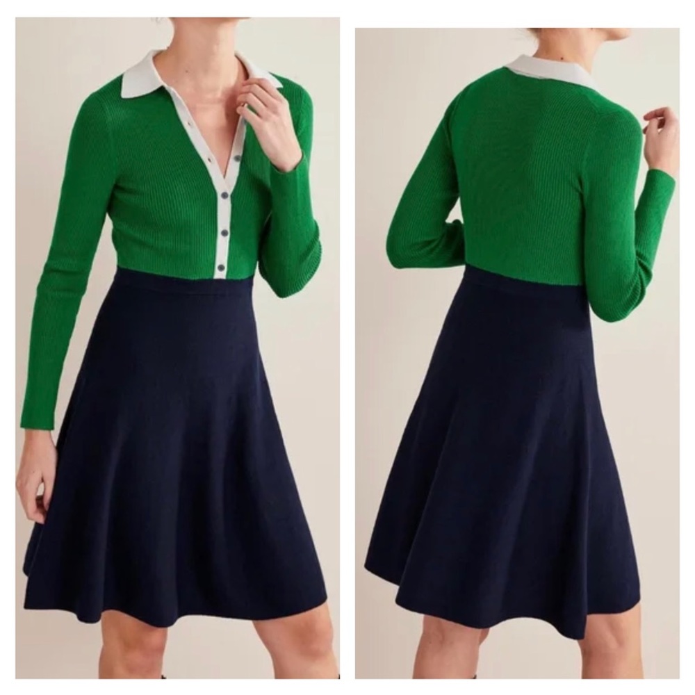 Boden D0443 NWT Kelly Green & Navy Blue Colorblock Rib Knit Dress Size 6R